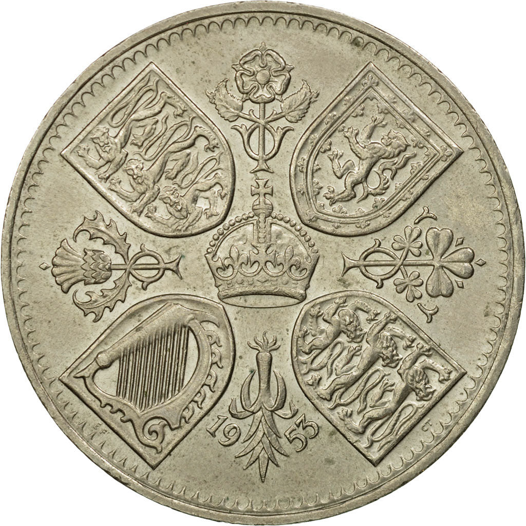 Coin, Great Britain, Elizabeth II, Crown, 1953, AU(55-58), Copper-nickel, KM:894