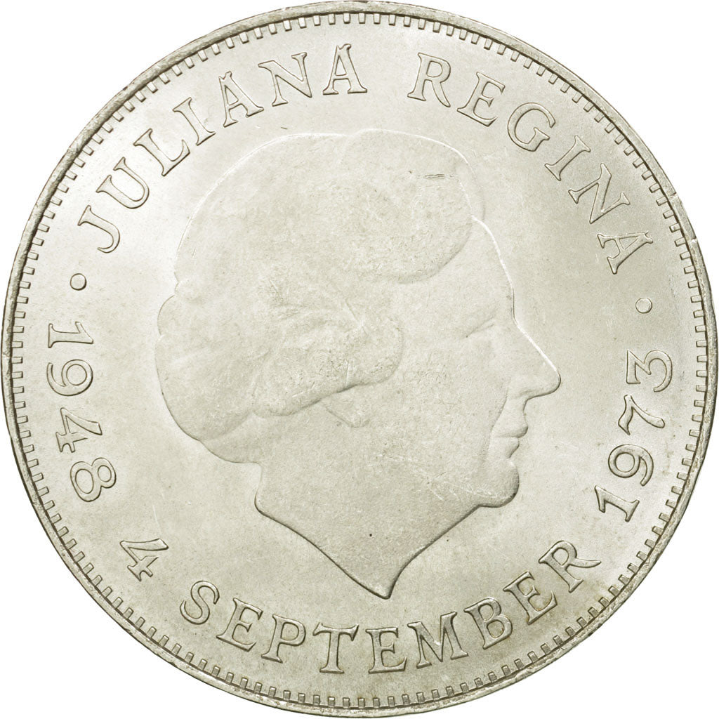 Coin, Netherlands, Juliana, 10 Gulden, 1973, AU(55-58), Silver, KM:196