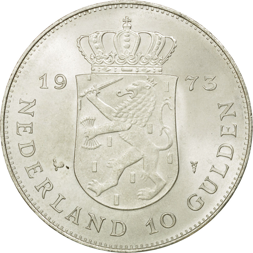 Coin, Netherlands, Juliana, 10 Gulden, 1973, AU(55-58), Silver, KM:196