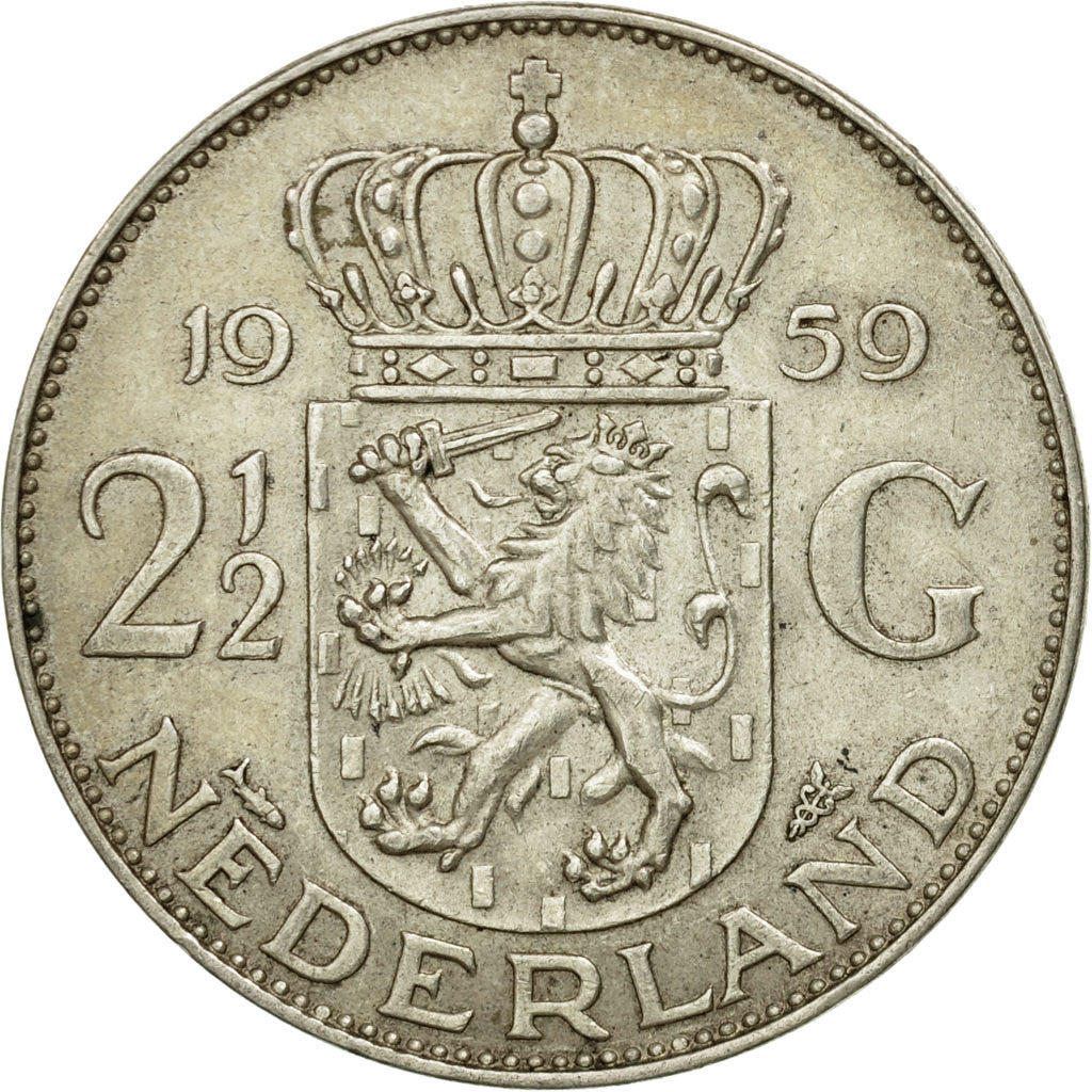 Coin, Netherlands, Juliana, 2-1/2 Gulden, 1959, EF(40-45), Silver, KM:185