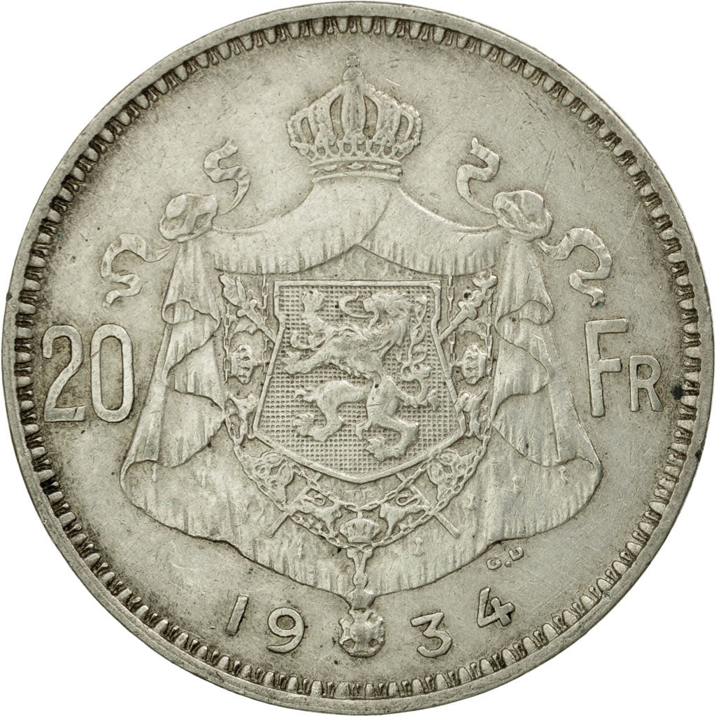 Moneta, Belgio, 20 Francs, 20 Frank, 1934, BB+, Argento, KM:104.1