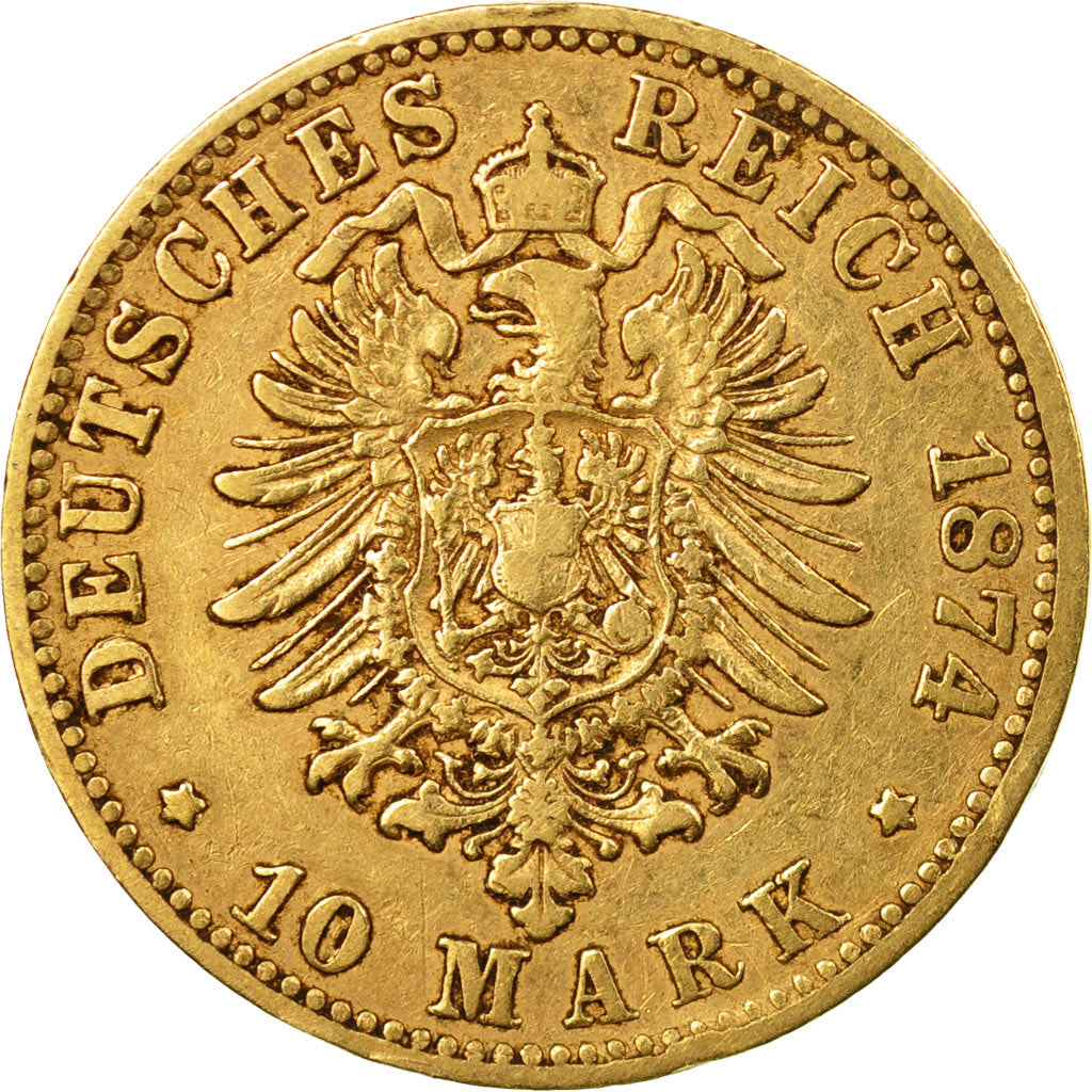 Coin,German States,BAVARIA,Ludwig II,10 Mark,1874,Munich,AU(50-53),Gold,KM 898
