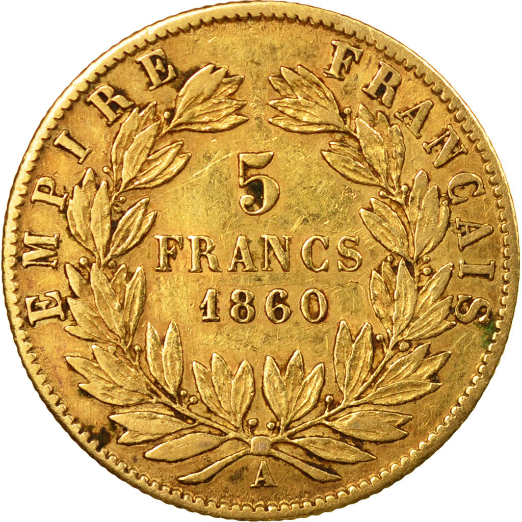 Moneda, Francia, Napoleon III, 5 Francs, 1860, Paris, BC+, Oro, KM 787.1