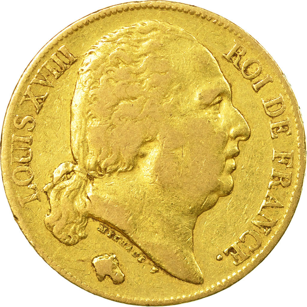 Moneda, Francia, Louis XVIII, 20 Francs, 1819, Paris, BC+, Oro, KM 712.1