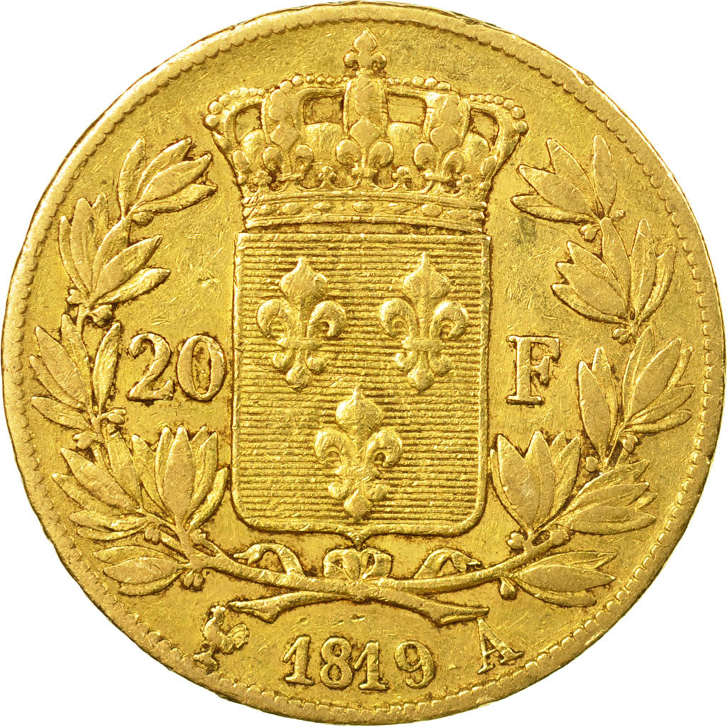 Moneda, Francia, Louis XVIII, 20 Francs, 1819, Paris, BC+, Oro, KM 712.1
