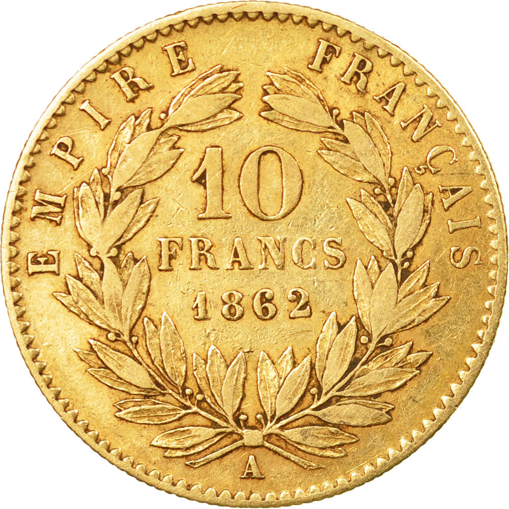 Moneda, Francia, Napoleon III, 10 Francs, 1862, Paris, BC+, Oro, KM 800.1