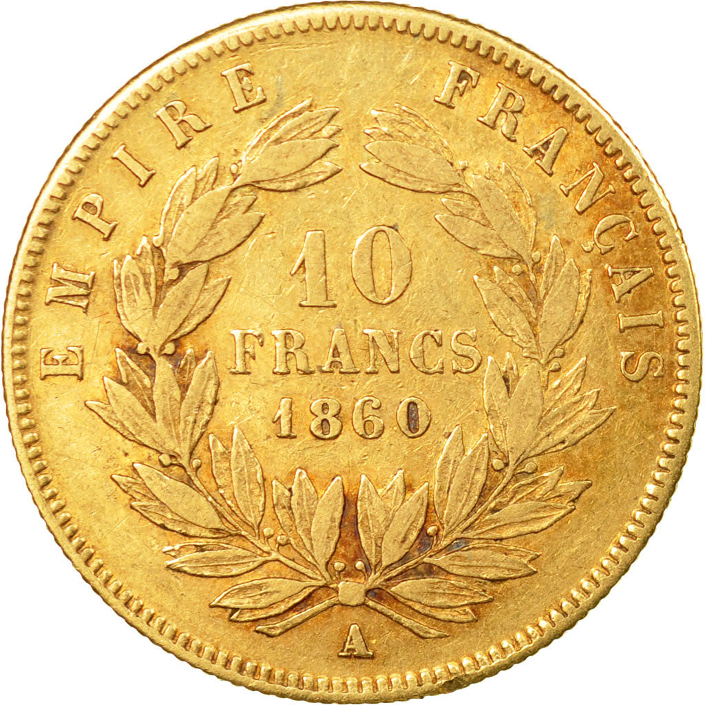 Coin, France, Napoleon III, 10 Francs, 1860, Paris, Gold, VF(30-35),KM 784.3