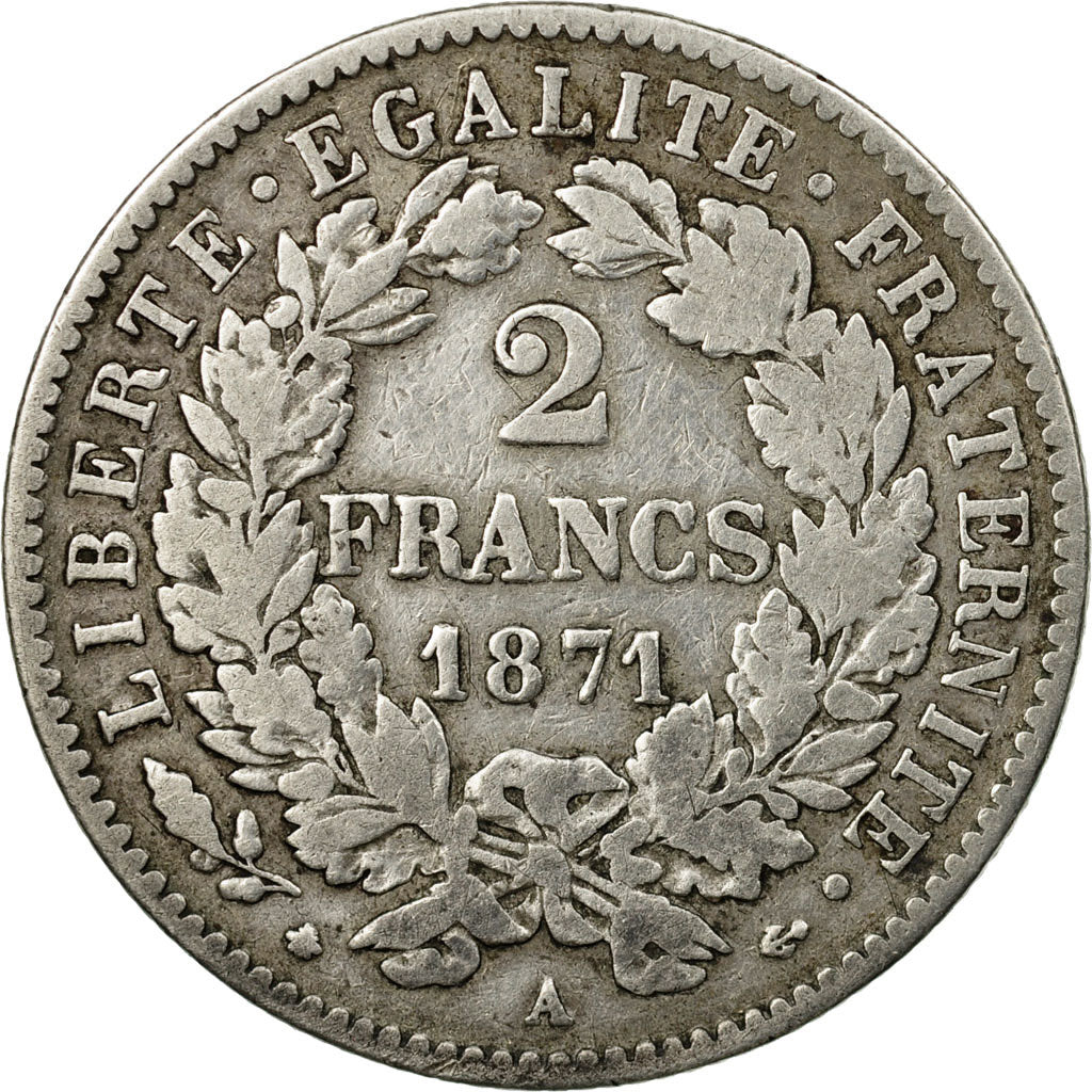 Coin, France, Cérès, 2 Francs, 1871, Paris, VF(30-35), Silver, KM:817.1
