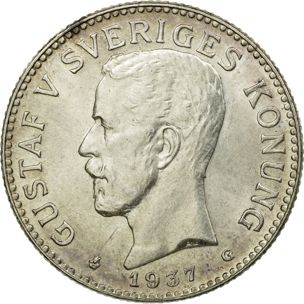 Coin, Sweden, Gustaf V, 2 Kronor, 1937, AU(55-58), Silver, KM:787