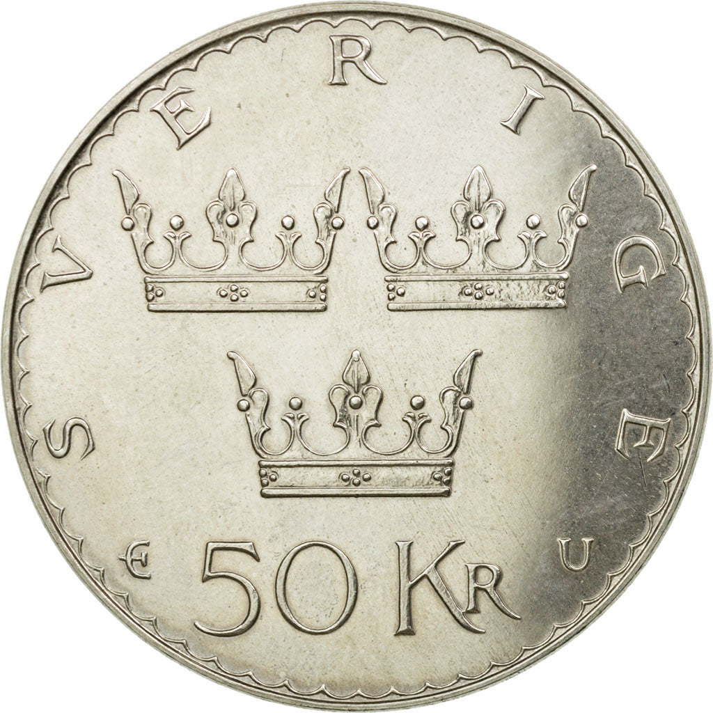 Coin, Sweden, Carl XVI Gustaf, 50 Kronor, 1975, MS(60-62), Silver, KM:848
