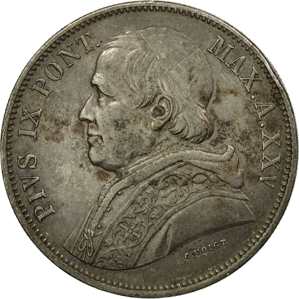 Moneta, DEPARTAMENTY WŁOSKIE, PAPAL STATES, Pius IX, 5 Lire, 1870, Rome