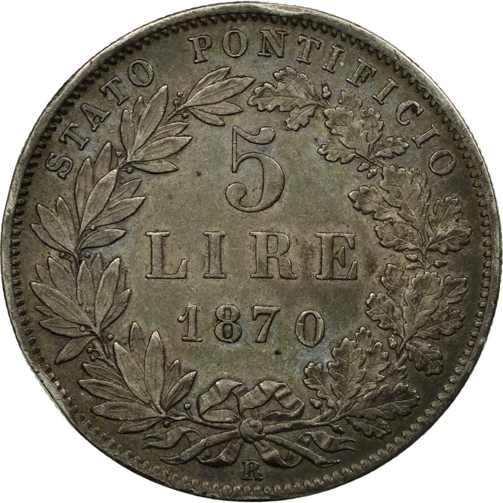 Moneta, DEPARTAMENTY WŁOSKIE, PAPAL STATES, Pius IX, 5 Lire, 1870, Rome