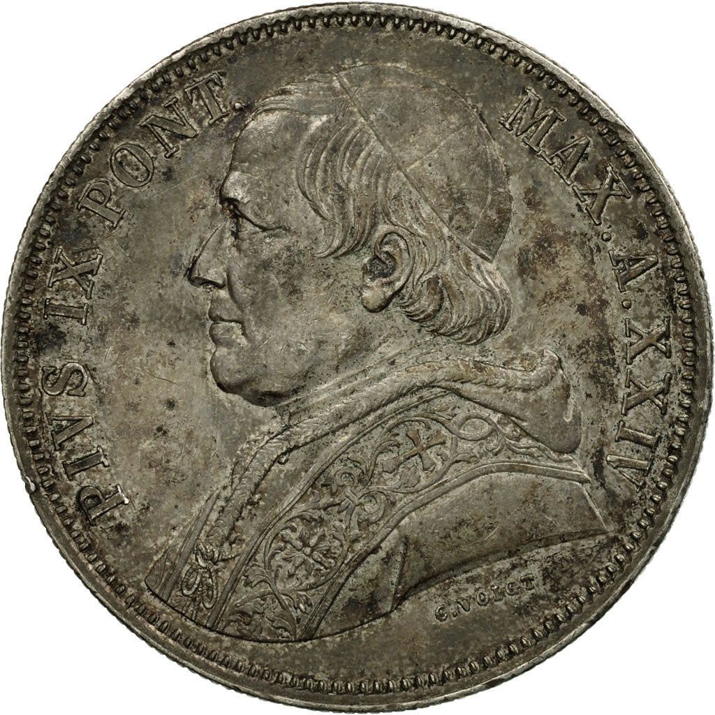 Moneta, DEPARTAMENTY WŁOSKIE, PAPAL STATES, Pius IX, 5 Lire, 1870, Roma