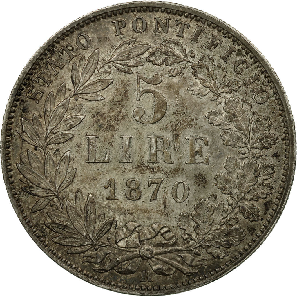 Moneta, DEPARTAMENTY WŁOSKIE, PAPAL STATES, Pius IX, 5 Lire, 1870, Roma