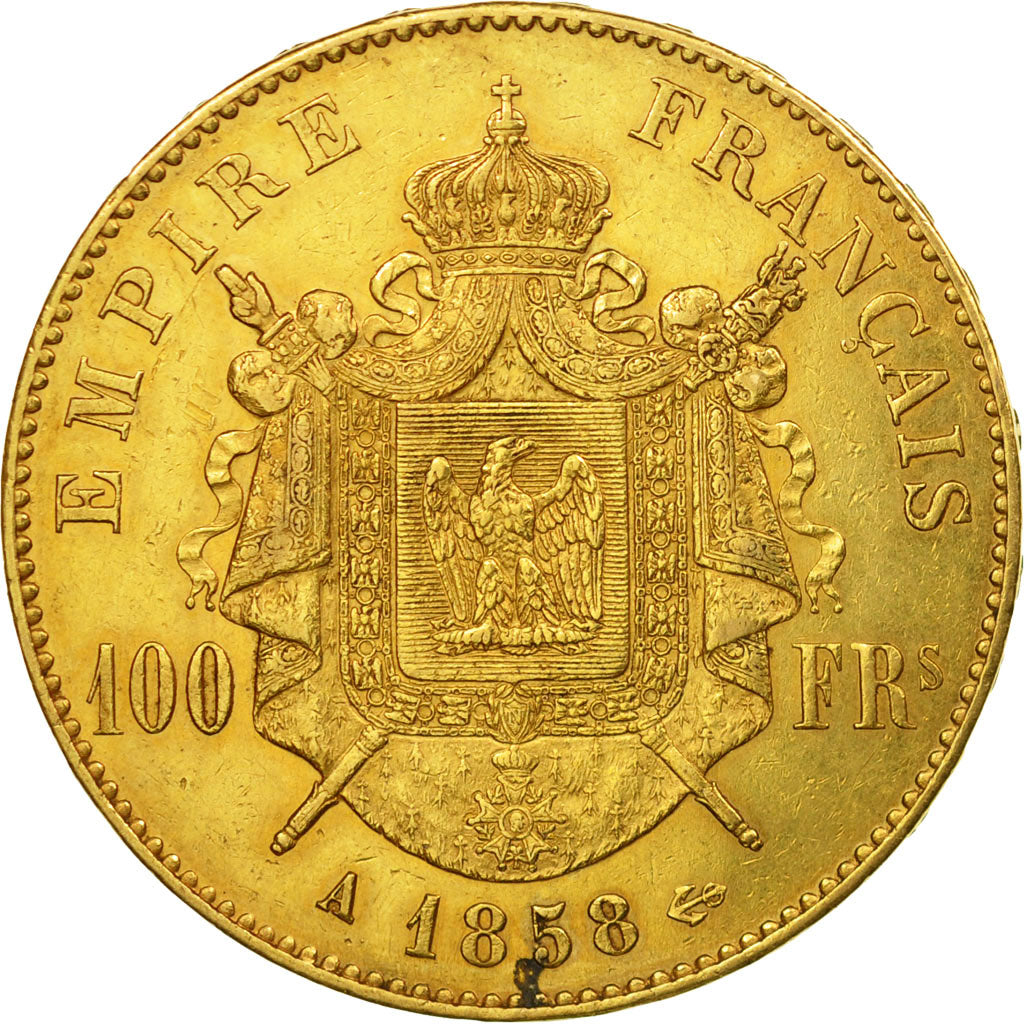 Coin, France, Napoleon III, 100 Francs, 1858, Paris, AU(50-53), Gold, KM 786.1