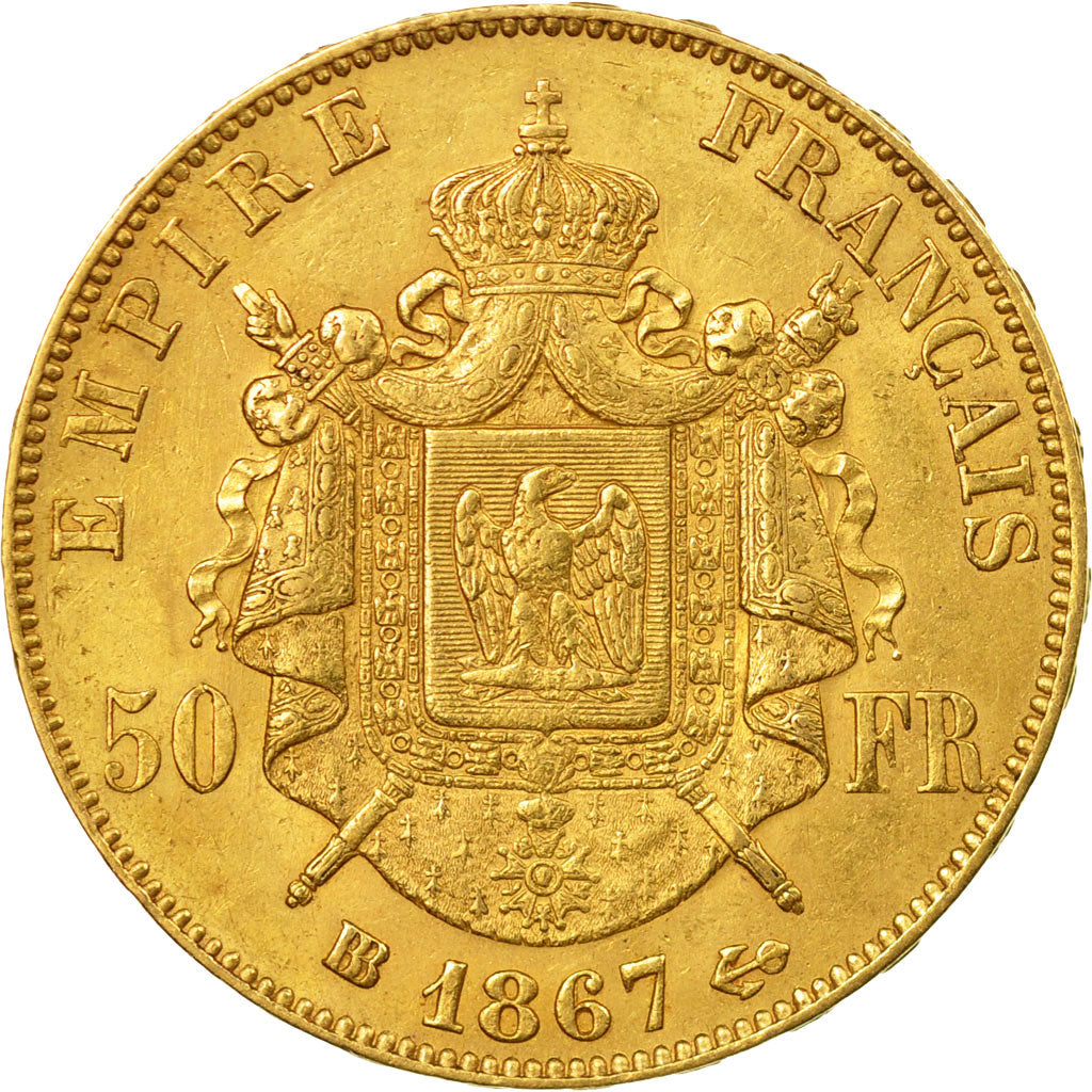 Coin, France, Napoleon III, 50 Francs, 1867, Strasbourg,AU(50-53),Gold,KM 804.2