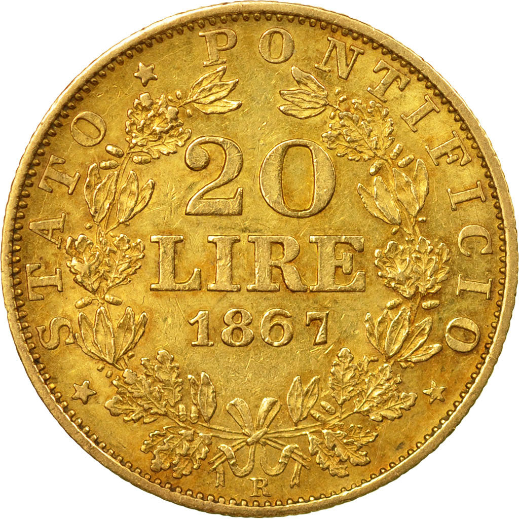 Moneda, PAPAL STATES, Pius IX, 20 Lire, 1867, Roma, MBC, Oro, KM 1382.3