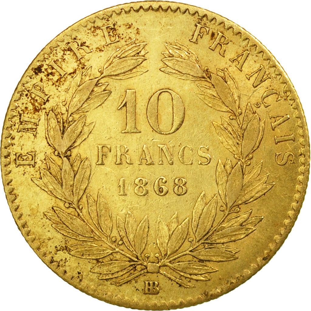 Coin, France, Napoleon III, 10 Francs, 1868, Strasbourg,AU(50-53),Gold, KM 800.2