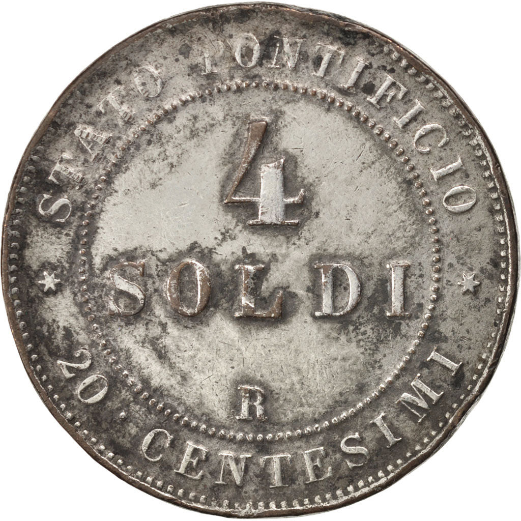 ITALIAN STATES, 4 Soldi, 20 Centesimi, 1868, Rome, KM #1374, EF(40-45), Copper,.