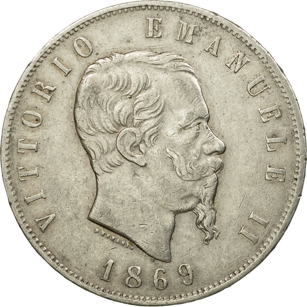 Coin, Italy, Vittorio Emanuele II, 5 Lire, 1869, Milan, EF(40-45), Silver,KM 8.3