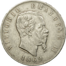 Coin, Italy, Vittorio Emanuele II, 5 Lire, 1869, Milan, EF(40-45), Silver,KM 8.3