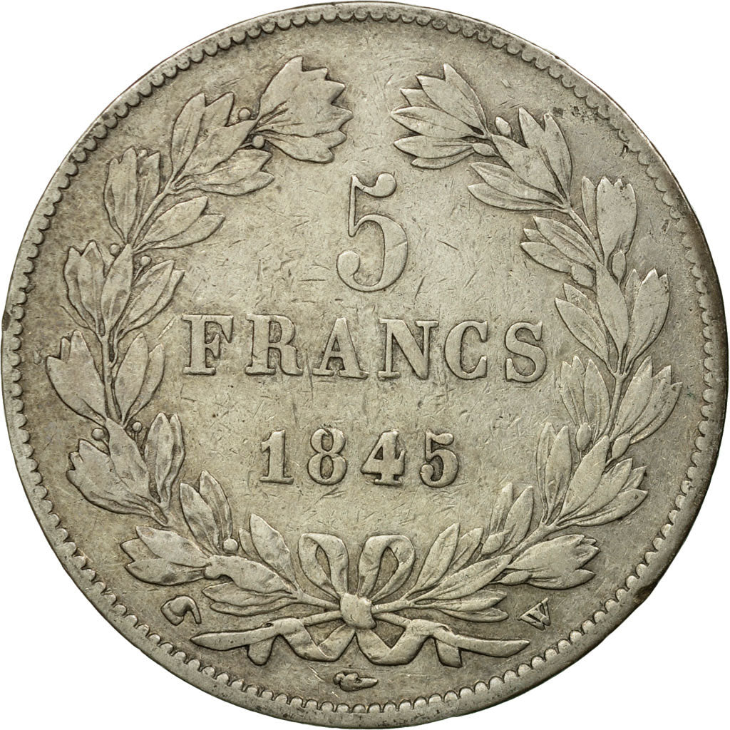 Moneda, Francia, Louis-Philippe, 5 Francs, 1845, Lille, BC+, Plata, KM:749.13
