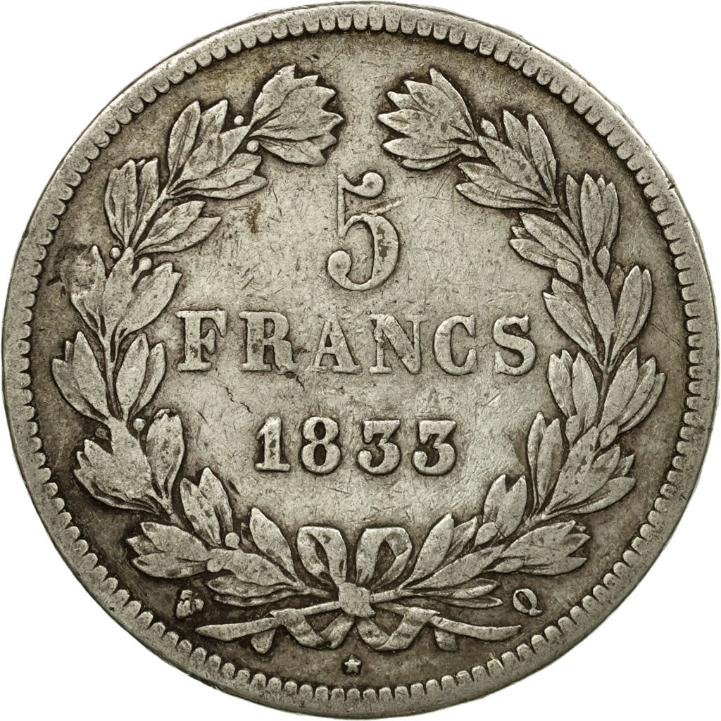 Coin, France, Louis-Philippe, 5 Francs,1833,Perpignan,VF(20-25),Silver,KM 749.11