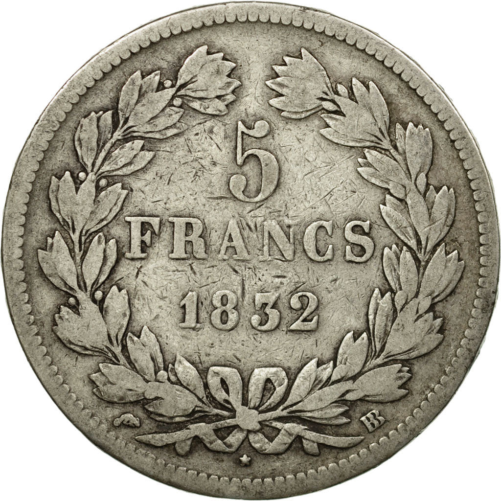 Coin, France, Louis-Philippe, 5 Francs,1832,Strasbourg,VF(20-25),Silver,KM 749.3