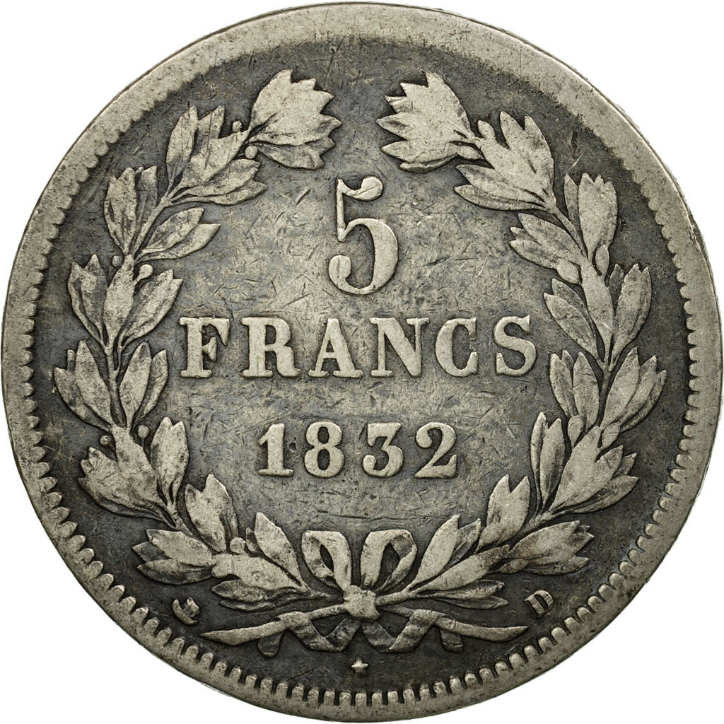 Moneda, Francia, Louis-Philippe, 5 Francs, 1832, Lyons, BC+, Plata, KM:749.4