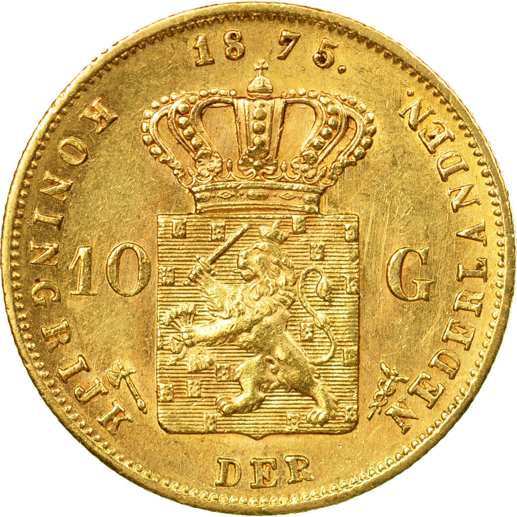 Coin, Netherlands, William III, 10 Gulden, 1875, AU(50-53), Gold, KM:105