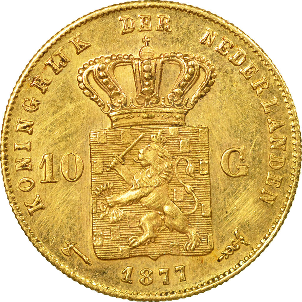 Coin, Netherlands, William III, 10 Gulden, 1877, AU(50-53), Gold, KM:106