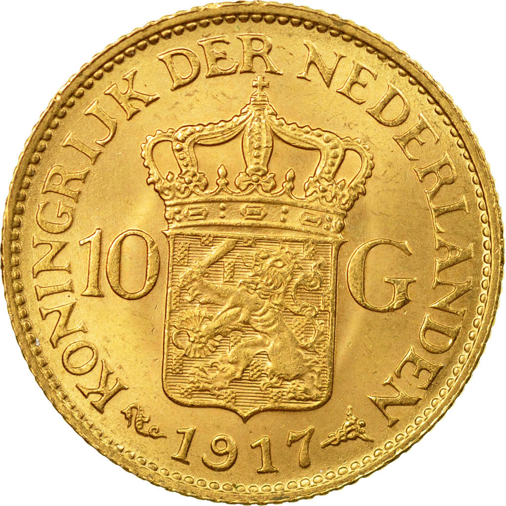 Coin, Netherlands, Wilhelmina I, 10 Gulden, 1917, AU(55-58), Gold, KM:149
