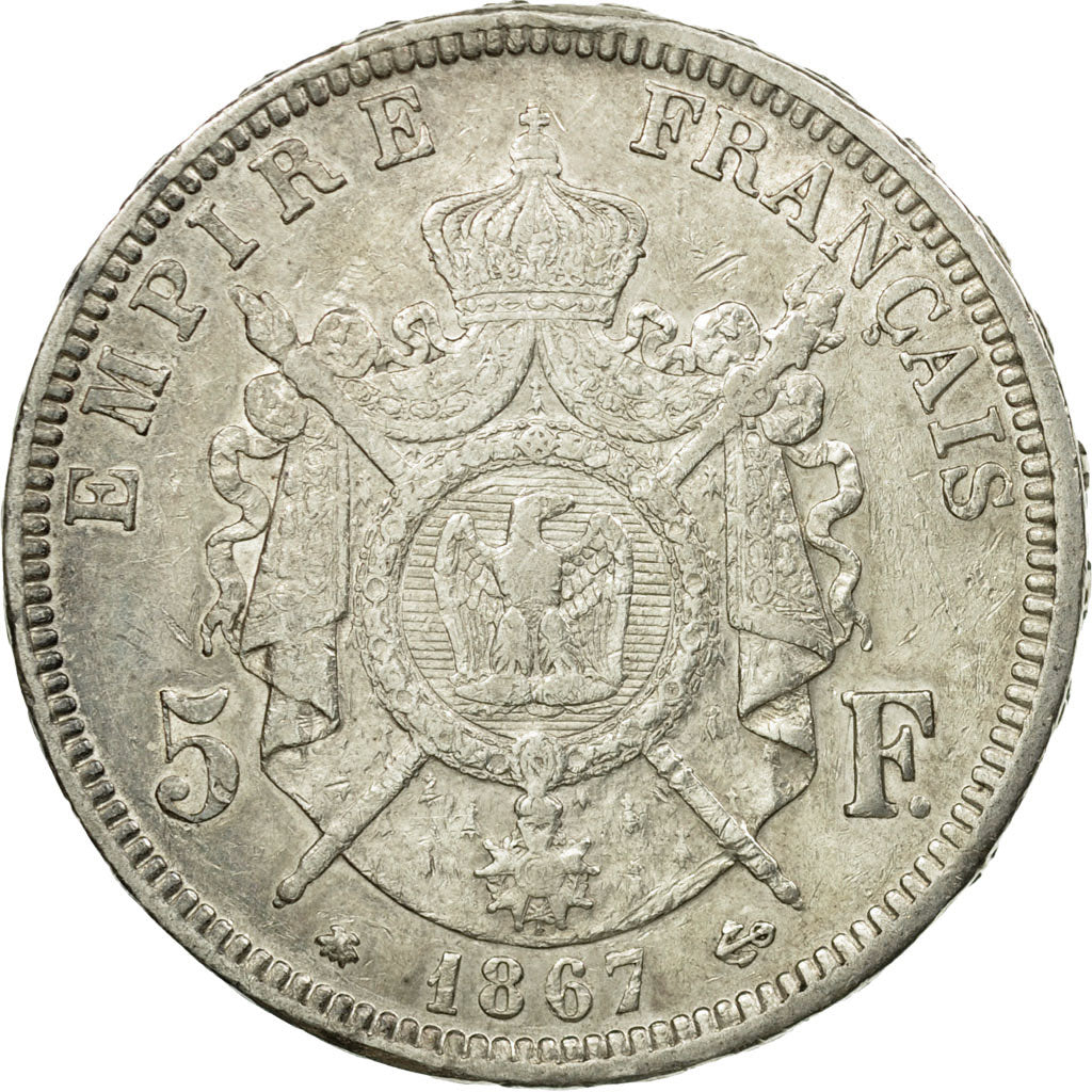 Moneda, Francia, Napoleon III, 5 Francs, 1867, Paris, MBC,Plata,KM 799.1,Gad 739
