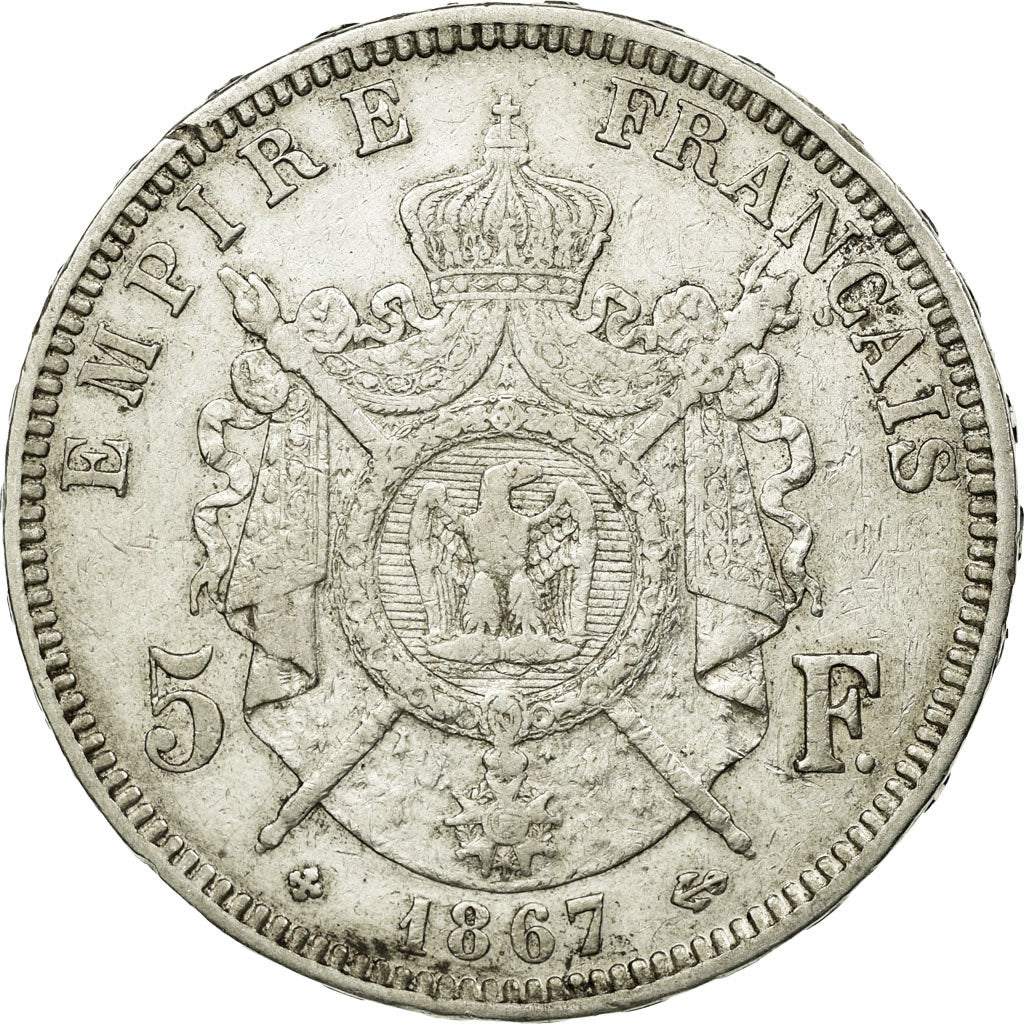 Coin, France, Napoléon III, 5 Francs, 1867, Strasbourg,EF(40-45),Silver,KM 799.2