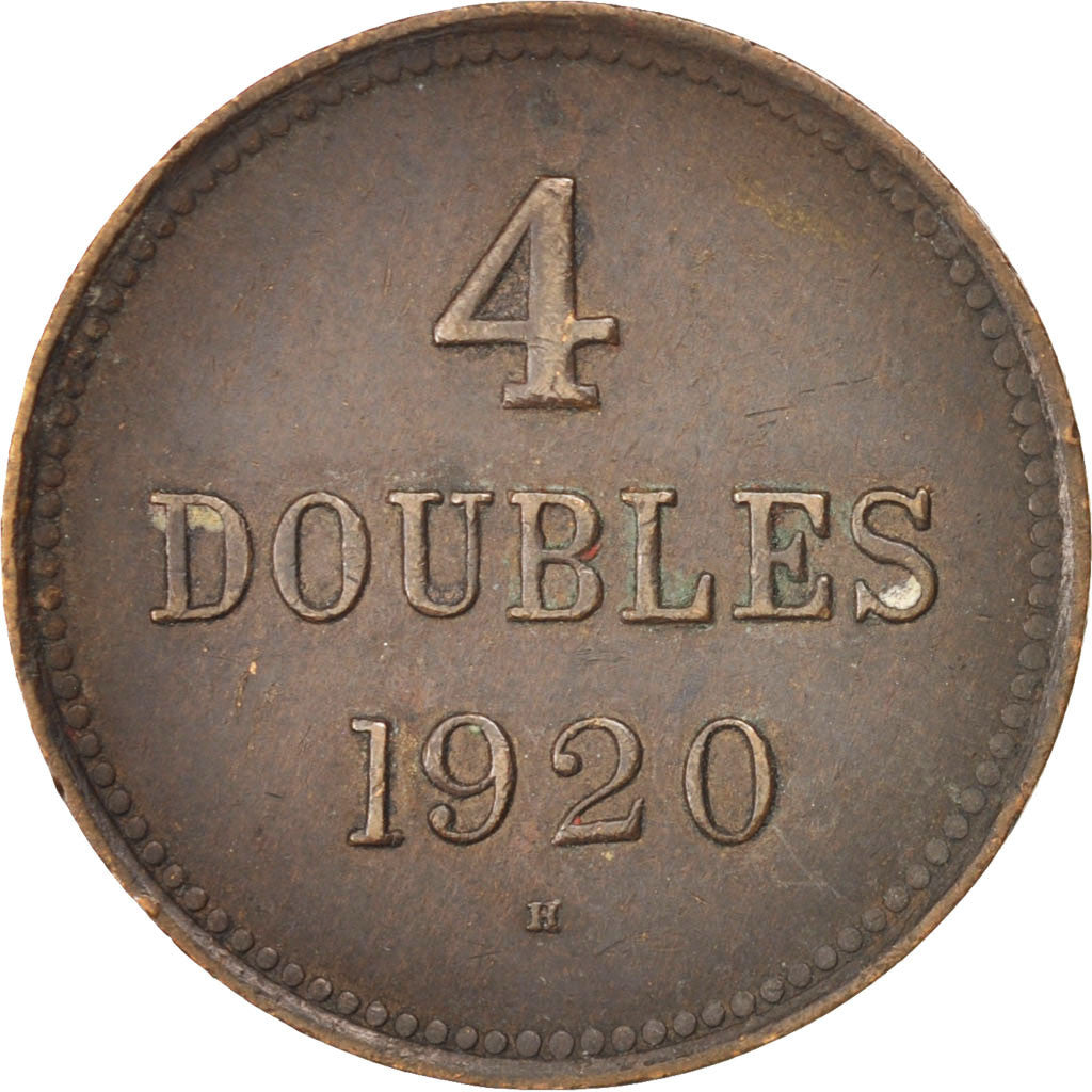 GUERNSEY, 4 Doubles, 1920, Birmingham, KM #13, AU(50-53), Bronze, 4.80