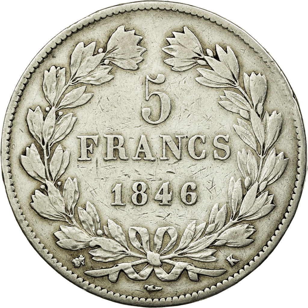Moeda, França, Louis-Philippe, 5 Francs, 1846, Bordeaux,EF(40-45),Prata,KM 749.7