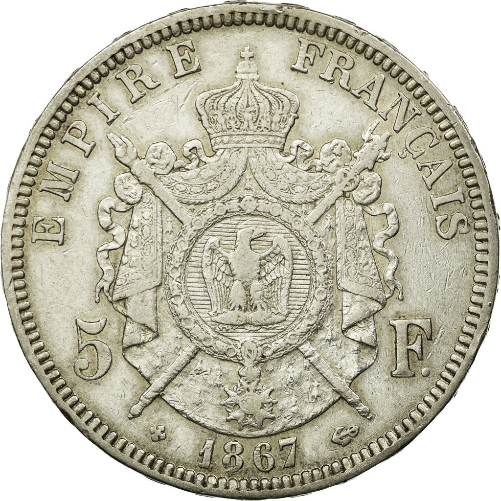 Coin, France, Napoléon III, 5 Francs, 1867, Strasbourg,AU(50-53),Silver,KM 799.2