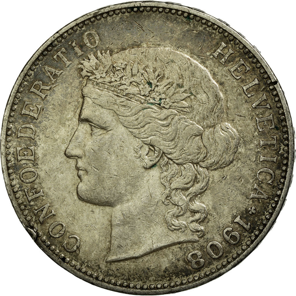 Coin, Switzerland, 5 Francs, 1908, Bern, EF(40-45), Silver, KM:34