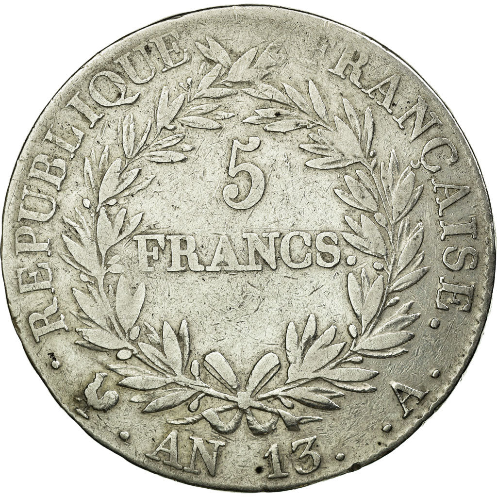 Moneda, Francia, Napoléon I, 5 Francs, AN 13, Paris, BC+, Plata, KM:662.1