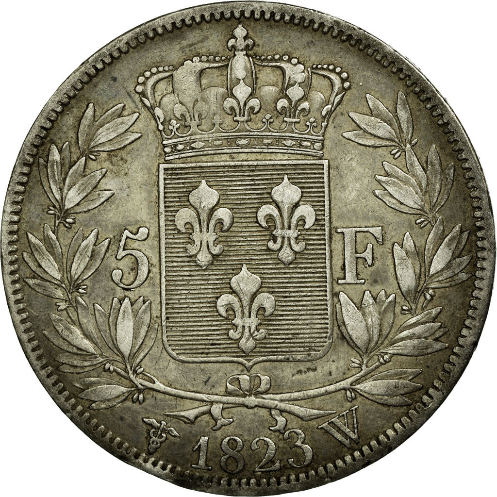 Moneda, Francia, Louis XVIII, 5 Francs, 1823, Lille, MBC, Plata, KM 711.13