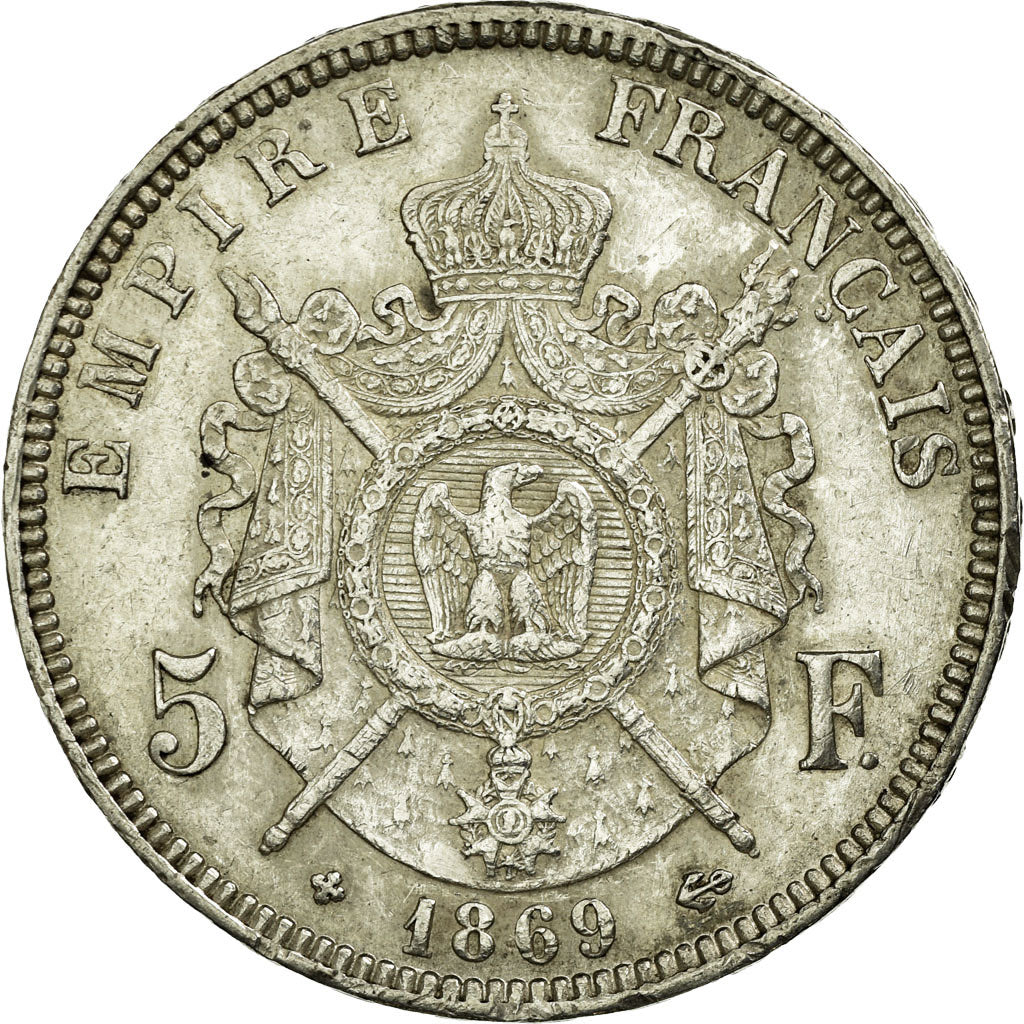 Moneda, Francia, Napoléon III, 5 Francs, 1869, Strasbourg, MBC+, Plata,KM 799.2