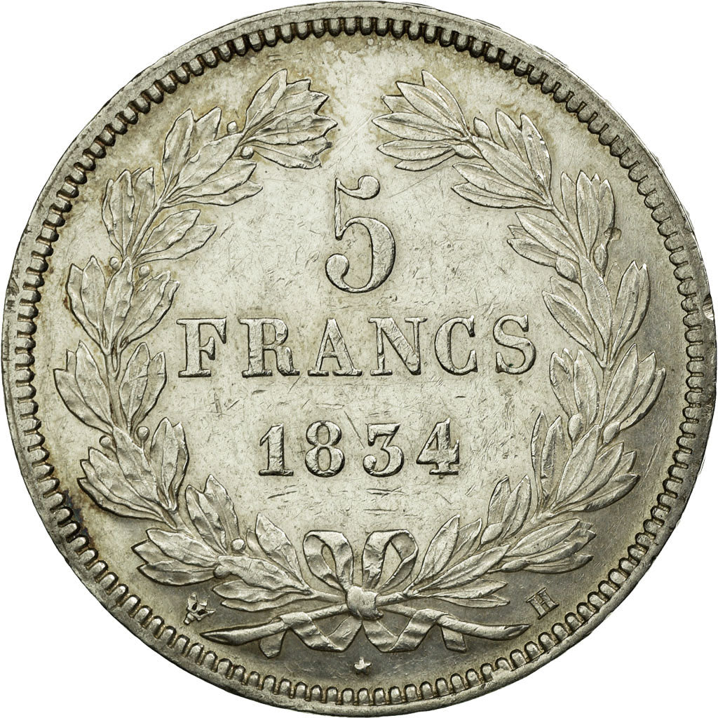 Munten, Frankrijk, Louis-Philippe, 5 Francs,1834,La Rochelle,ZF+,Zilver,KM 749.5
