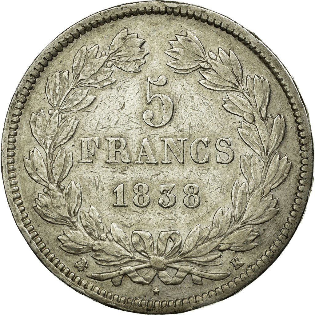 Moneta, Francia, Louis-Philippe, 5 Francs, 1838, Bordeaux, MB+, Argento,KM 749.7