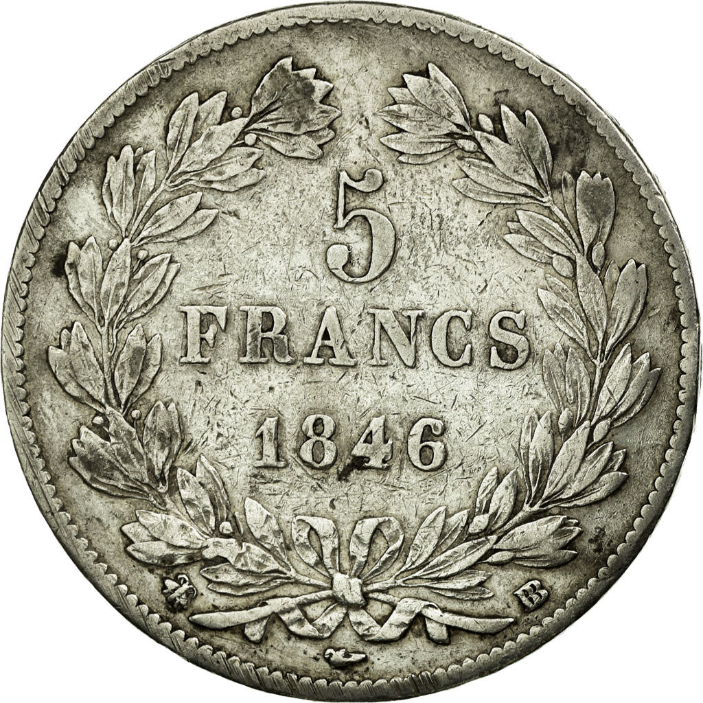 Moeda, França, Louis-Philippe, 5 Francs,1846,Strasbourg,VF(30-35),Prata,KM 749.3