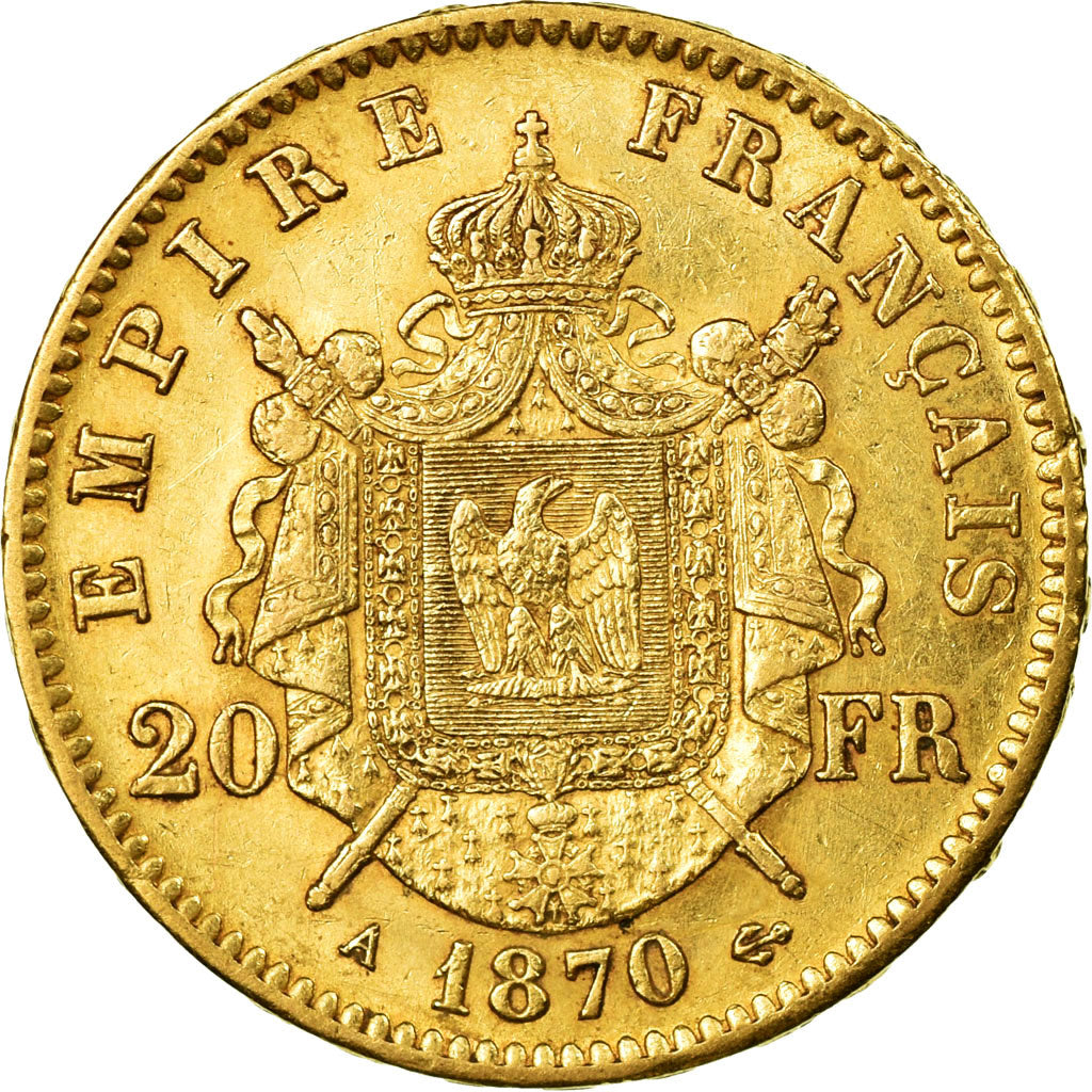 Coin, France, Napoleon III, 20 Francs, 1870, Paris, AU(50-53), Gold, KM 801.1