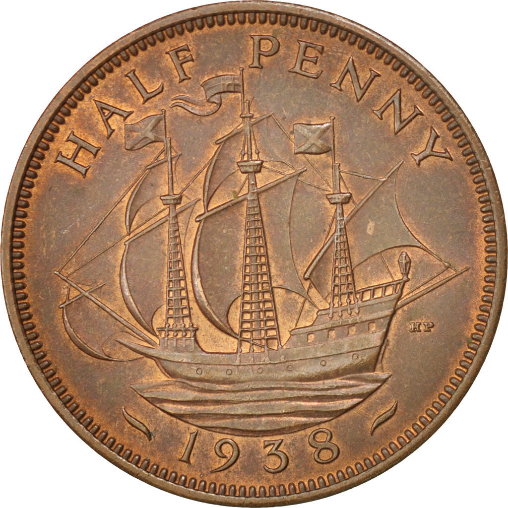 Moneta, Gran Bretagna, George VI, 1/2 Penny, 1938, SPL, Bronzo, KM:844