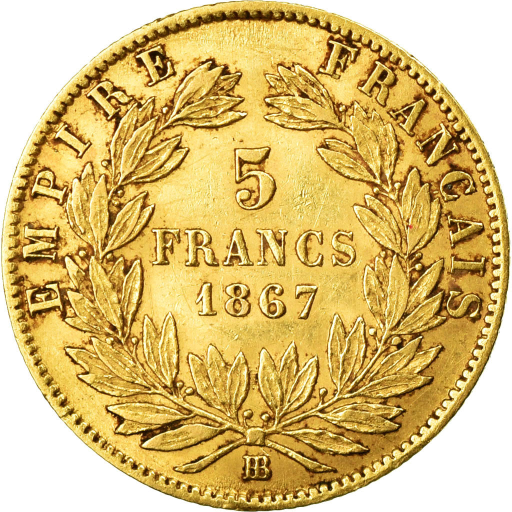 Moneda, Francia, Napoleon III, 5 Francs, 1867, Strasbourg, MBC, Oro, KM 803.2