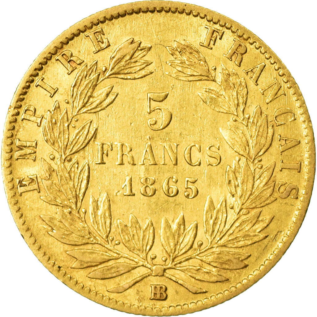 Moneta, Francia, Napoleon III, 5 Francs, 1865, Strasbourg, BB, KM 803.2