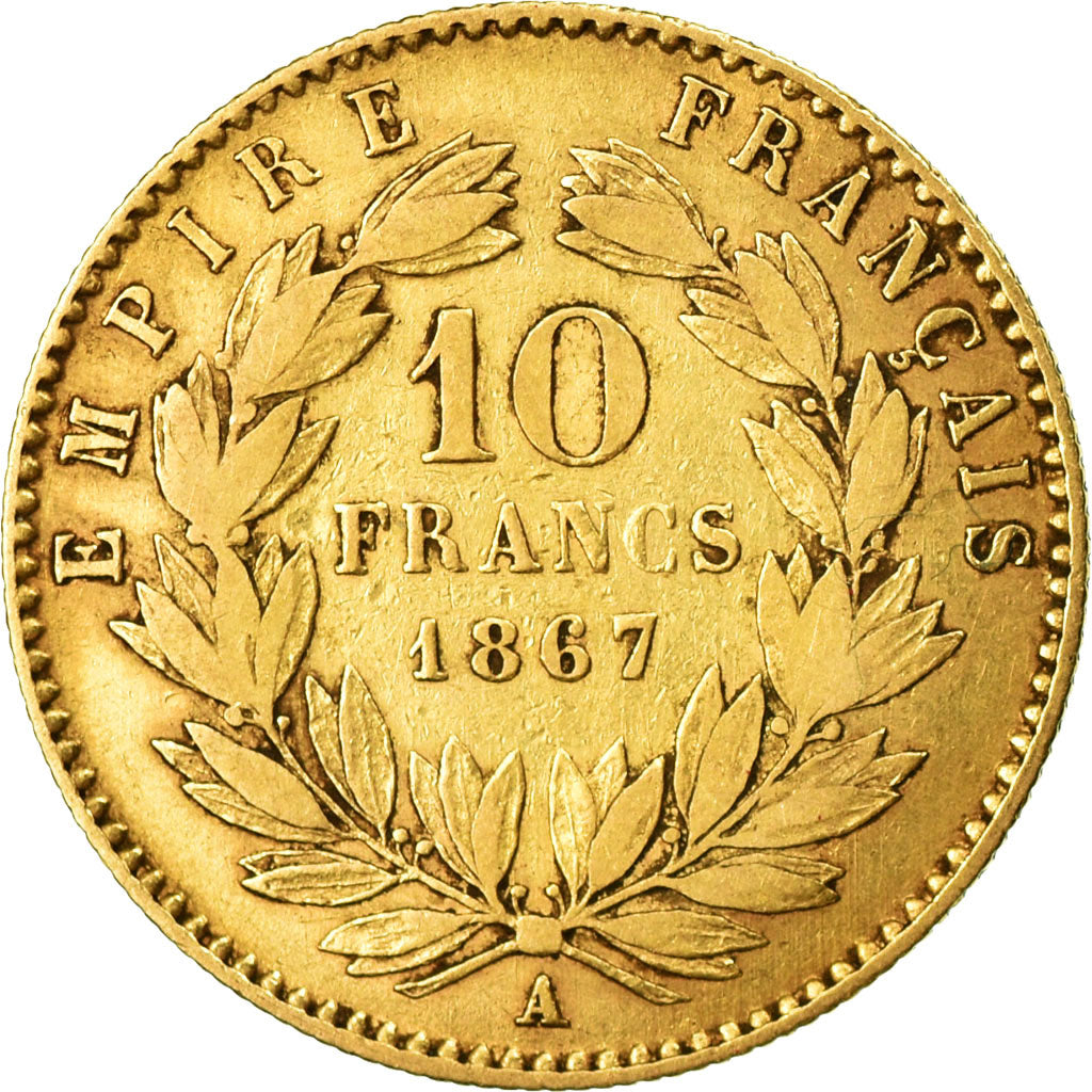 Coin, France, Napoleon III, 10 Francs, 1867, Paris,Gold,VF(30-35),KM 800.1