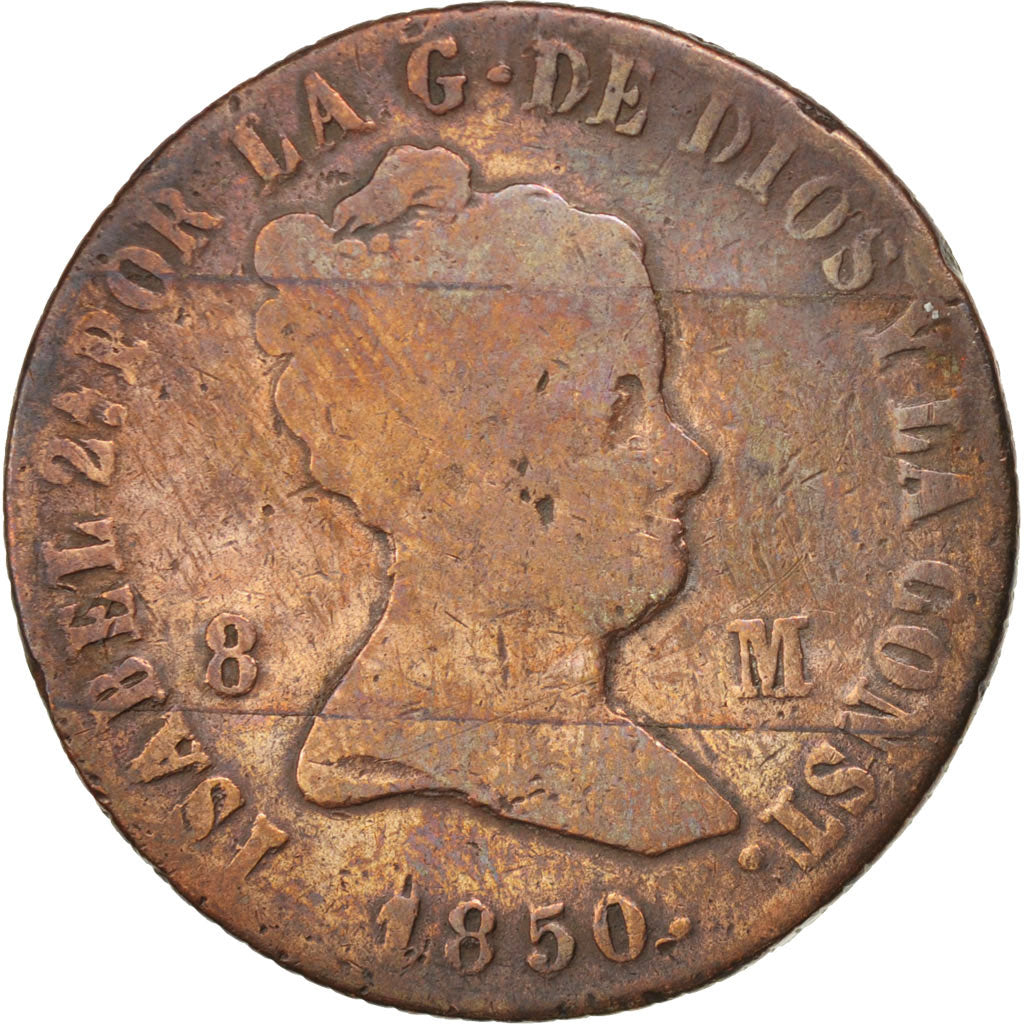 Spain, 8 Maravedis, 1850, Jubia, KM #531.2, VF(20-25), Copper, 9.79